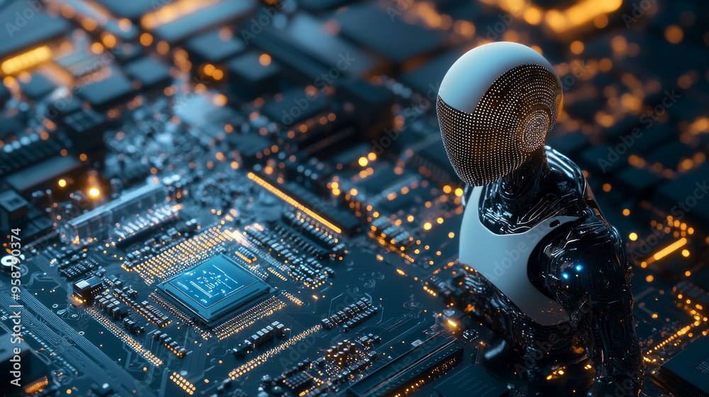 Poster a computer chip with built-in artificial intelligence. the ai is directly on the chip, connected to 