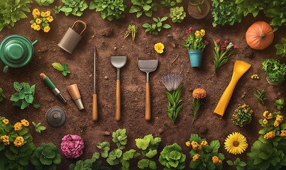 Naklejka premium Garden Tools and Flowers Arranged on Soil