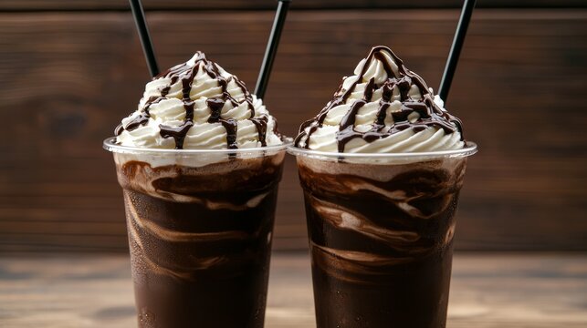 Delicious chocolate frappes in clear cups, swirls of chocolate syrup and whipped cream on top, refreshing and indulgent coffee drinks