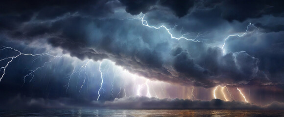 A stormy sky with multiple cloud to ground lightning strikes,  flashes of lightning and the rumble of thunder, showcasing the power of a storm.
