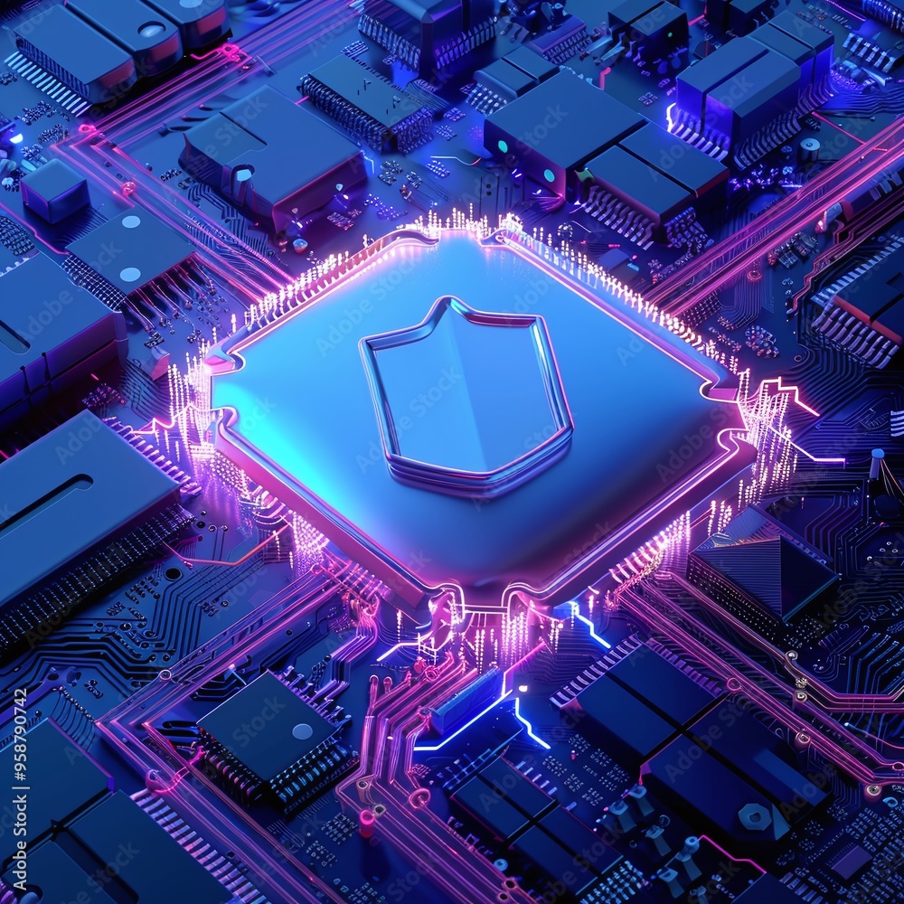 Poster close-up of a futuristic computer chip with a glowing shield, representing cybersecurity and technol