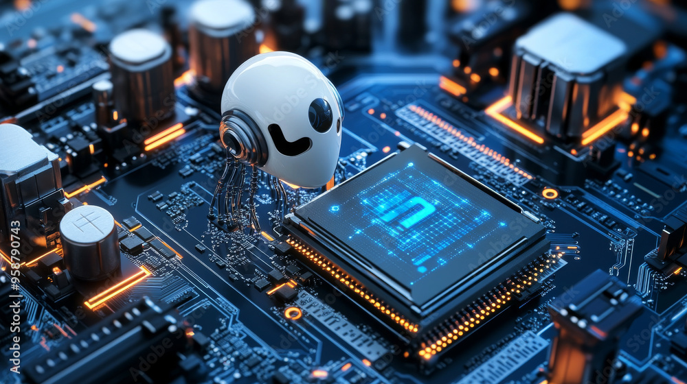 Poster a computer processor with built-in artificial intelligence. the ai is directly on the chip, connecte