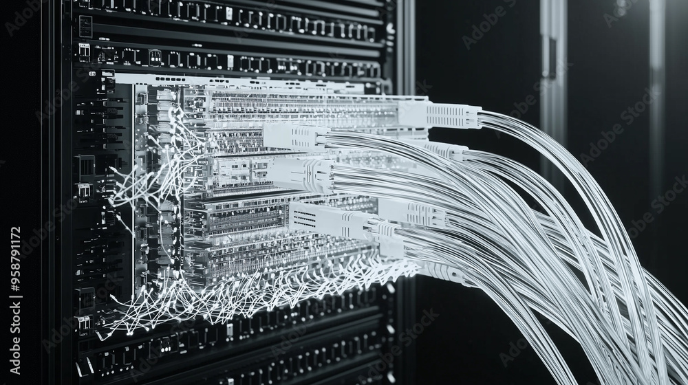 Aufkleber telecommunication ethernet cables connected to internet. server room with vibrant neon data streams,