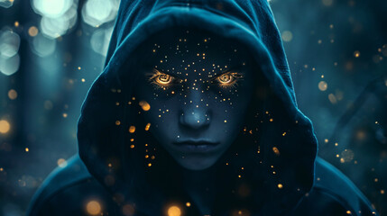 Enigmatic person in hood, backlit by ethereal light particles