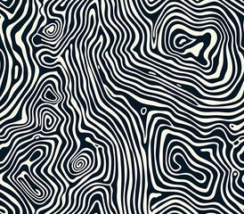 Abstract black and white wavy pattern resembling topographic lines or a maze-like design. Perfect for use as a seamless background, modern decor, or textile designs.