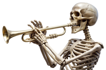 Skeleton trumpet in art display transparent