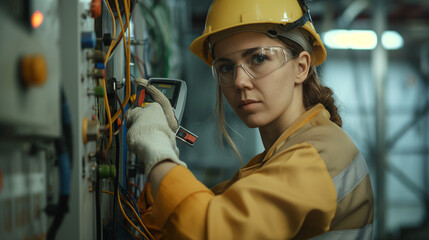 Female electrician or electrical engineer working with electrical equipment at a construction site, electrical panel, power station, construction site or factory. Electrical system repair, wiring.