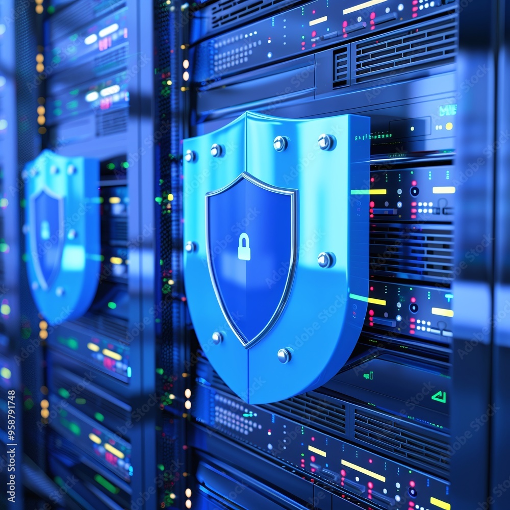 Poster close-up of server racks in a data center with a blue shield icon representing data protection and c