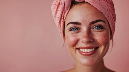 A portrait of a cancer survivor smiling confidently her head held high against a soft pink background her eyes filled with determination and hope