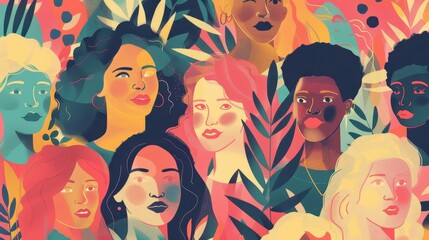 Colorful, abstract illustration featuring diverse women from different cultures, highlighting beauty and diversity in a vibrant style.