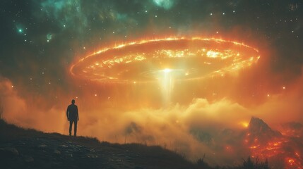 A lone figure gazes at a fiery celestial phenomenon over a mountain landscape at twilight, showcasing a vibrant display of light and clouds