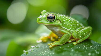 Naklejka premium Stunning Close-Up of a Green Frog with Dew Drops in its Natural Habitat