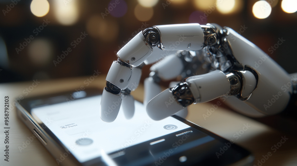 Poster an ai chatbot appears on a phone screen, looking like a robotic hand tapping on it. this ai chatbot 