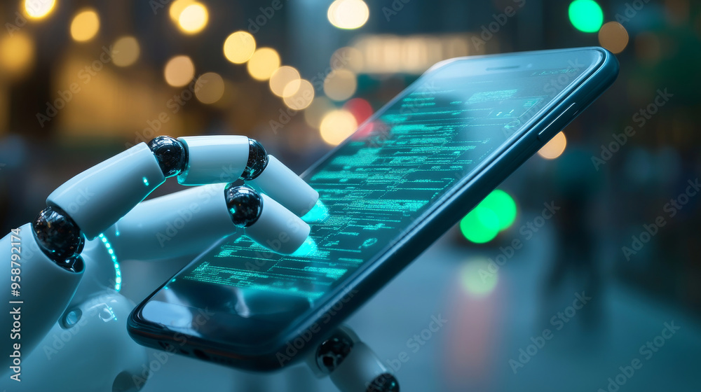 Poster an ai chatbot appears on a phone screen, looking like a robotic hand tapping on it. this ai chatbot 