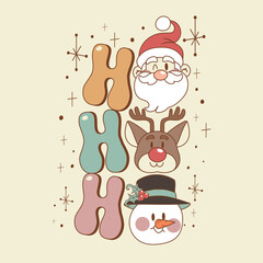 cute retro laughing illustration of santa ho ho ho next to a reindeer and a snowman