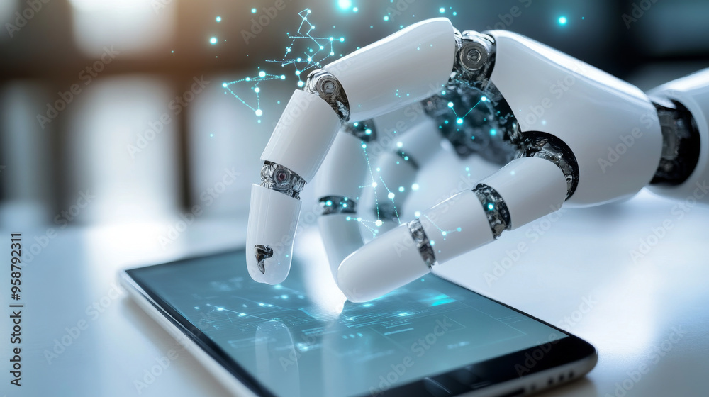 Poster an ai chatbot appears on a phone screen, looking like a robotic hand tapping on it. this ai chatbot 