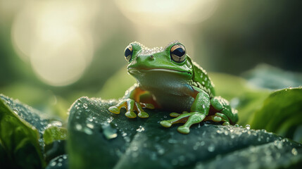 Obraz premium Stunning Close-Up of a Green Frog with Dew Drops on Lush Foliage in Sunlit Nature