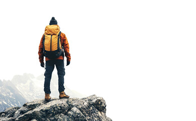 Traveler with backpack on snowy mountain peak, cut out