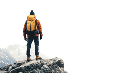 Traveler with backpack on snowy mountain peak, cut out