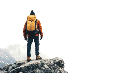 Foto op Plexiglas Traveler with backpack on snowy mountain peak, cut out © Yeti Studio