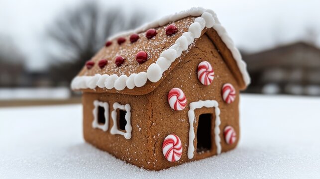 Gingerbread house with detailed icing decorations candy canes and gumdrops sitting on a snowy table magical holiday dessert white and red palette