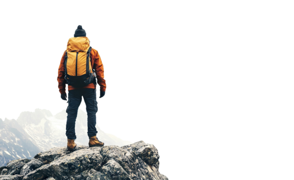 Traveler with backpack on snowy mountain peak, cut out