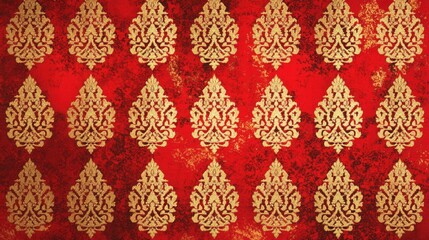 Traditional Thai silk pattern digitally rendered with shimmering gold threads against a bold red background. The opulent design is perfect for textiles or statement wallpapers.