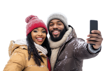 Happy young black african american couple wearing warm clothes and knitted hats taking a selfie during winter trip holidays, isolated on transparent background, png