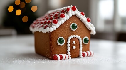 Gingerbread house with detailed icing decorations candy canes and gumdrops sitting on a snowy table magical holiday dessert white and red palette