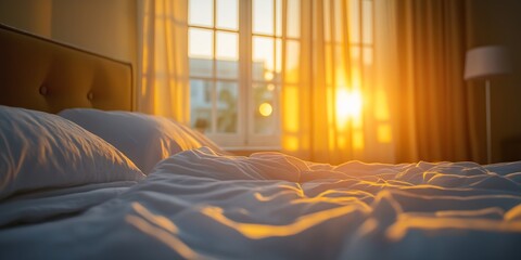Warm morning sunlight streaming through large bedroom windows onto an unmade bed, evoking a sense of peace and comfort.