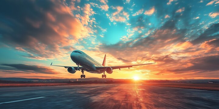 A stunning image of an airplane landing on a runway with a vibrant and colorful sunset sky in the background.