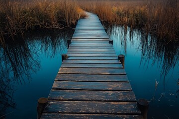 Obraz premium A wooden pier stretches into a tranquil blue lake, surrounded by reeds and calm skies.