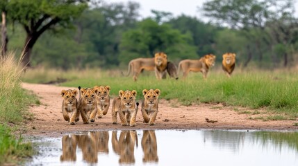 Three playful lion cubs walk along a waterhole's edge, their reflections softly blurred in the water as they explore their vibrant surroundings at dusk