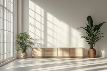 Fototapeta premium Minimalist Interior with Wooden Cabinet and Plants in Sunlight