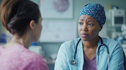 A healthcare professional attentively listens to a patient during a breast cancer consultation the conversation framed by a calm and supportive clinical environment