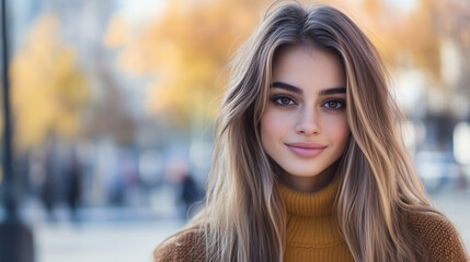 Fototapeta premium Young woman wearing a fall outfit, standing confidently in front of a blurred urban setting, fashionable and casual, wide banner design, perfect for fall fashion themes