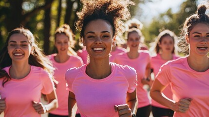 A group of women wearing matching pink shirts and running shoes jogging together in a park their expressions determined as they support breast cancer awareness through a charity run