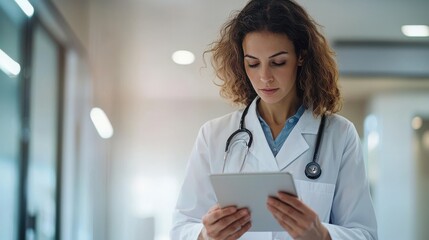 A female doctor in a bright clinic reviewing patient records on a tablet her expression focused and thoughtful as she prepares for a consultation