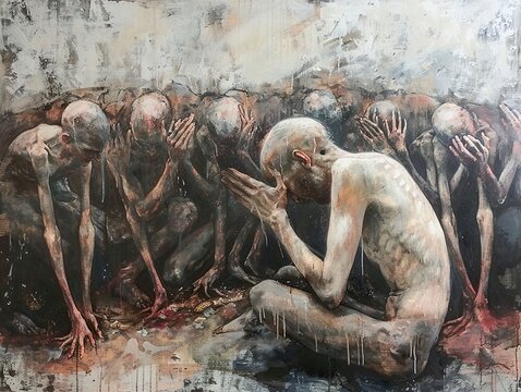 A group of emaciated figures with their heads bowed in prayer, symbolizing suffering and desperation.