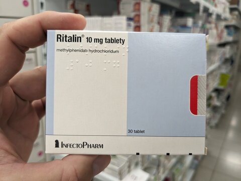 Prague,Czech Republic-August 28 2024: RITALIN box of medication with METHYLPHENIDATE active substance by NOVARTIS,used for treatment of ADHD,narcolepsy.