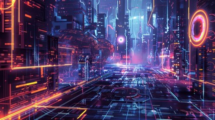 Futuristic cyberpunk cityscape at night with neon lights and digital elements, showcasing a vibrant technological urban environment.