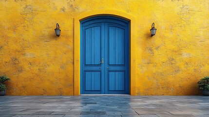 blue yellow backgroun with double doors opening architectural design element modern minimal concept opportunity metaphor