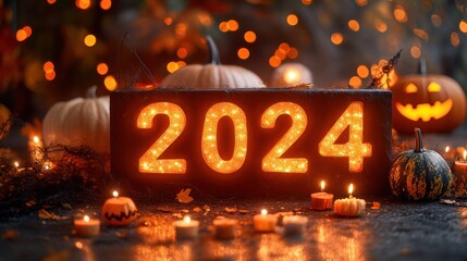 Halloween themed 2024 glowing sign with pumpkin decor.