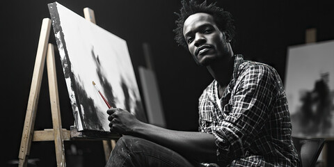 Passionate African American artist in studio, paintbrush in hand.