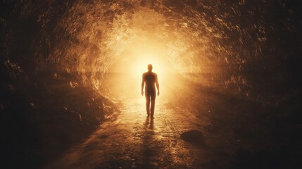 A silhouette of a person walking towards a glowing light at the end of a dark tunnel, symbolizing hope and new beginnings.