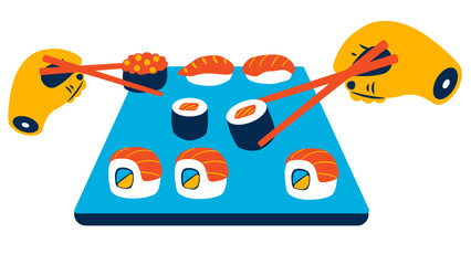 Hands eating sushi with chopsticks