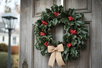 Fototapeta premium Christmas wreath with red berries and a golden ribbon on a wooden grey door, holiday decoration in winter setting, festive season concept