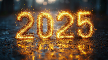 Happy New Year! Sparkling text "2025" is isolated on a black background