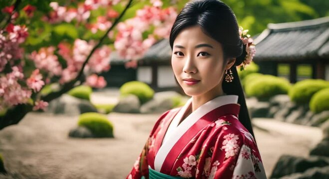asian woman of noble origin in festive kimono in a blooming japanese garden