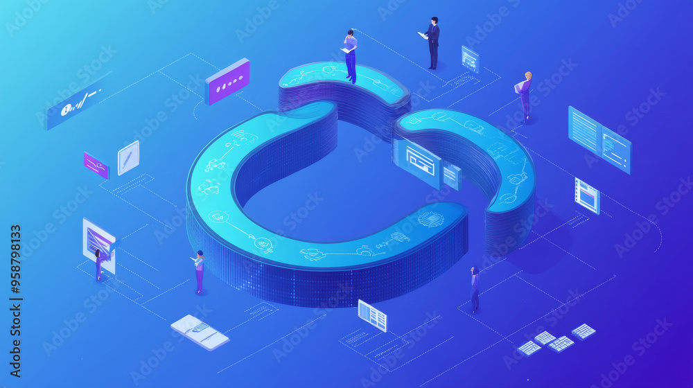Poster devops is about bringing developers and operations teams together to work smoothly. this illustratio